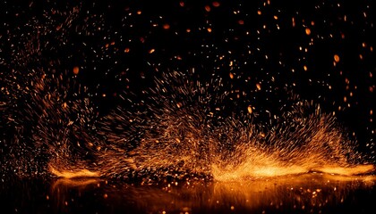 Fire embers particles over black background. A close-up shot of fiery sparks in motion, fire light background