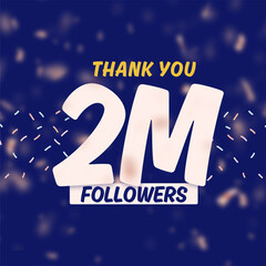 Thank you  2 million  followers celebration with gold rose pink blurry confetti on blue background