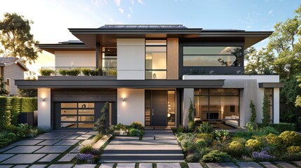Fototapeta premium Architectural renderings of modern homes featuring innovative solar tile designs, emphasizing style and functionality.