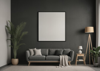 Modern black living room interior with a blank poster on the wall, plants, and furniture on a concrete background, mockup