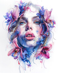 A woman's face is painted with flowers and the background is a white background