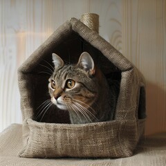 Cat in a cat house. Warm, cozy and comfortable house for pets. Caring for pets, advertising of pet products.