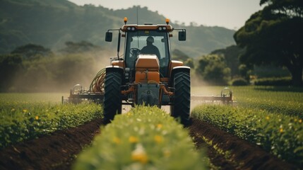 Worker driving tractor spray in agriculture