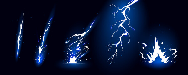 Lightning strike bolt silhouettes sequence vector illustration. Black thunderbolts and zippers are natural phenomena isolated on a dark background. Thunderstorm electric effect of light shining flash.