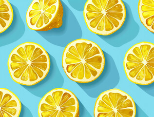 A flat vector illustration with a seamless pattern of lemon slices on a blue background. Seamless pattern of lemon slices.