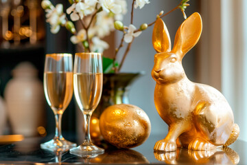 A champagne glass, golden rabbit figurine sand Easter gold eggs on plane background