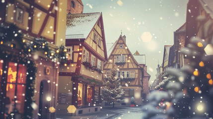 copy space, stockphoto, charming little german village with timber framing shops, decorated for christmas, winter time. Cozy travel destination during Christmas time. Christmas card, invitation card.