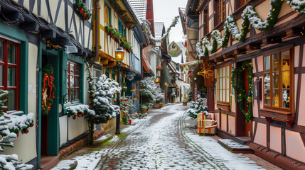 Naklejka premium copy space, stockphoto, charming little german village with timber framing shops, decorated for christmas, winter time. Cozy travel destination during Christmas time. Christmas card, invitation card.