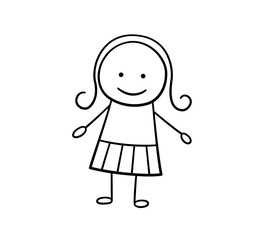 Funny doodle girl. Happy cute doodle kid. Funny child. Hand drawn girl. Vector illustration in hand drawn style isolated on white background.