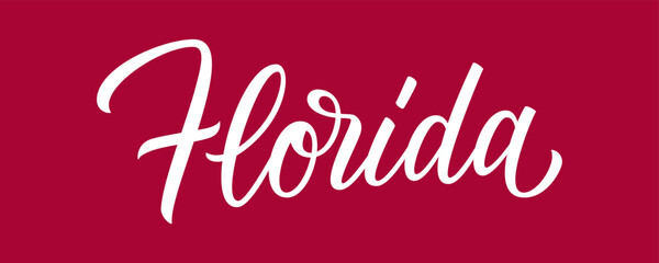 Florida state hand lettering isolated on red background. Modern calligraphy for posters, cards, t-shirts, postcards, souvenirs and stickers. Vector illustration.