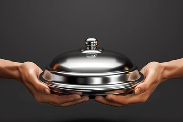 Waiter hand holding stainless metal ceramic cloche or tray on plane background - Powered by Adobe