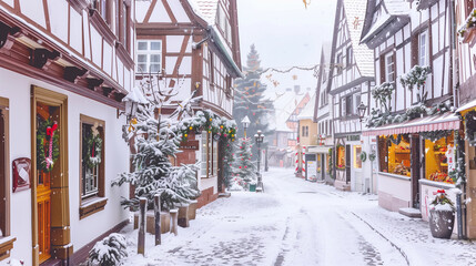 Fototapeta premium copy space, stockphoto, charming little german village with timber framing shops, decorated for christmas, winter time. Cozy travel destination during Christmas time. Christmas card, invitation card.