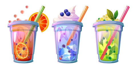 Tea with bubble, fruits and straw. Cartoon vector illustration set of cold drink in plastic cup with ice and balls. Cool summer beverage with orange, milk with berries and green with mint leaves.