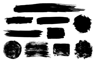 Set of grunge dirty brush strokes. Distress circle. Vector grunge round shapes and rectangles isolated on white background