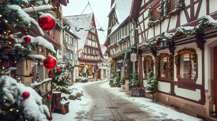 copy space, stockphoto, charming little german village with timber framing shops, decorated for...
