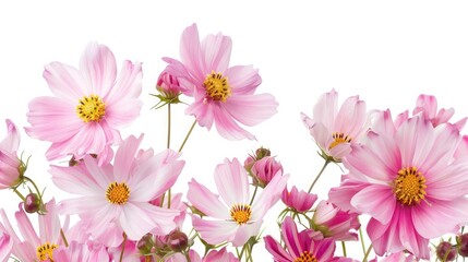 Pink cosmos flowers on white background,Pink cosmos flowers on white background,Close up pink cosmos flower in the field at sunrise in the morning over white background