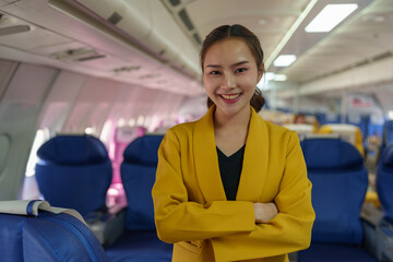 Beautiful successful Asian businesswoman standing with arms crossed. Smiling confidently in the airplane aisle When traveling abroad for a first class business presentation business tourism concept.