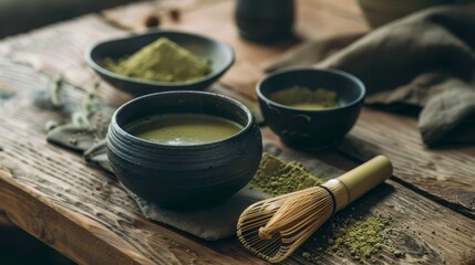 There is a black bowl of matcha tea next to a bamboo whisk on a wooden table. There are also two...