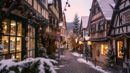 copy space, stockphoto, charming little german village with timber framing shops, decorated for christmas, winter time. Cozy travel destination during Christmas time. Christmas card, invitation card.