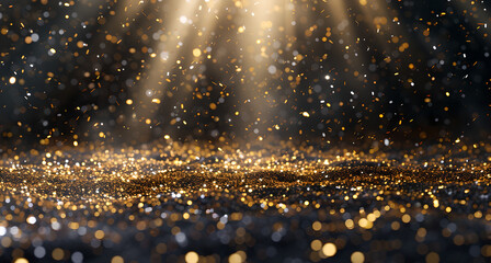 Ribbons and golden confetti dots rains down, celebratory occasion, empty copy space for messages or...