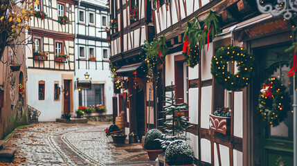 copy space, stockphoto, charming little german village with timber framing shops, decorated for...