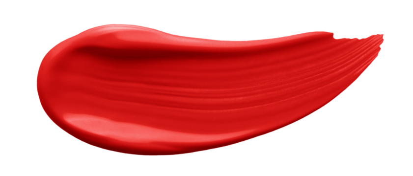 Lipstick smear smudge swatch isolated on transparent background. Cream makeup texture. Bright red color cosmetic product brush stroke swipe sample