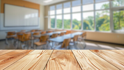 Empty wood table top with blur background of classroom in school.