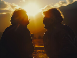 AI generated image of older lesbian married couple in love enjoying sunset, Same-sex senior love: Lesbian partners, aged spouses, illustrating enduring affection and family unity