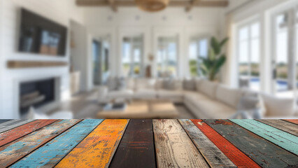 Wooden table with blurred background, ocean view living.
