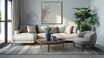 modern living room with leather sofa set and Wall decorated.