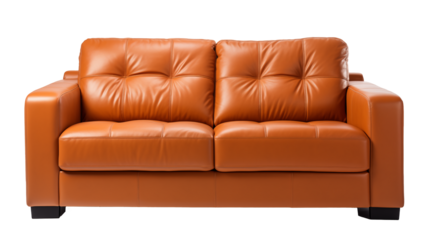 Brown classic natural leather couch sofa furniture , front view, isolated on transparent background png