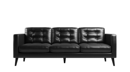 Black leather couch sofa furniture , front view, isolated on transparent background png