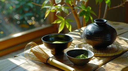 A matcha tea set sits on a bamboo mat. The set includes a black textured tea bowl, a black lidded container, a bamboo whisk, and a small bowl of matcha powder.