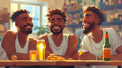 Three black african american men are seated at table with beers and snacks, smiling engaging in conversation and enjoying their drinks