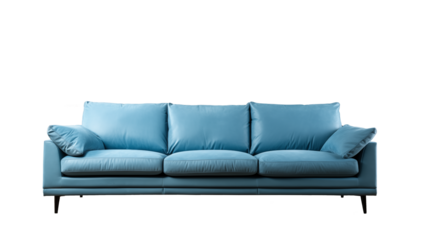Modern soft blue leather couch with pillows on top , furniture , front view, isolated on transparent background png