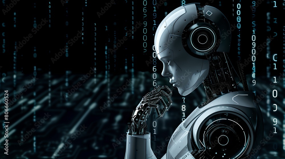 Aufkleber futuristic ai robot profile amidst digital data rain. cybernetic organism in virtual reality. artifi