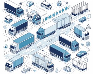 Highway transport logistics isometric illustration, cargo trucks in transit, dynamic lines, rush hour setting