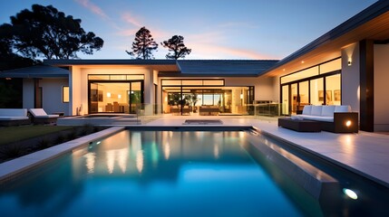 Swimming pool of a modern house in the evening. Nobody inside