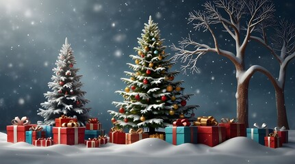 Obraz premium A snowy christmas tree and presents with snowy background
