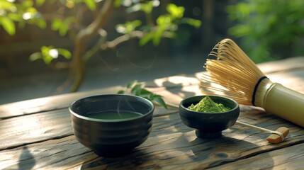 A wooden table with two ceramic bowls. One bowl is filled with matcha powder and the other is filled with a green liquid. There is also a bamboo whisk on the table.