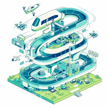 Futuristic transport hub isometric line art, hyperloop and automated cargo drones in action, efficiency focus