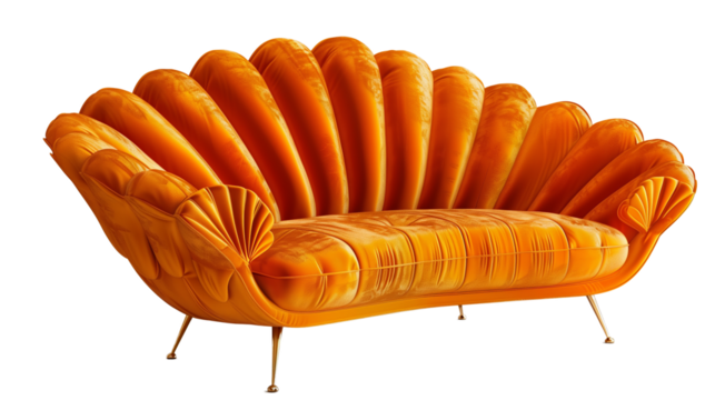 Modern orange shell sofa or couch chair with metal legs and a shell-shaped back, isolated on transparent background png