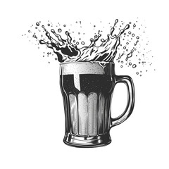Engraving Glass with splashing beer isolated on white background. Hand drawn Vintage beer mug with foam splash and drops. Etching sketch style, woodcut