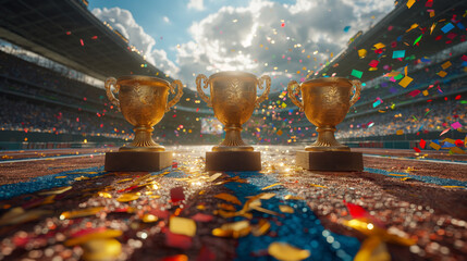 Two golden cup trophies are placed on stadium gleaming under the sunlight and confetti 