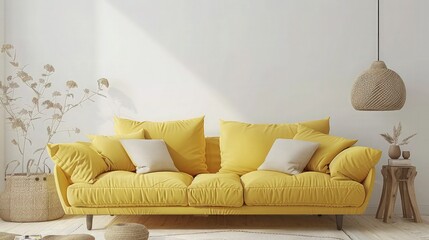Luxury yellow sofa with white and yellow cushion.