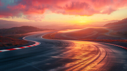Winding road with sunset in the background, picturesque landscape. Concept of personal path to a bright future