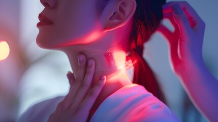Contemporary woman in neon light feeling neck pain, modern style photo. Concept for healthcare, wellbeing. Serene scene, close-up portrait. AI