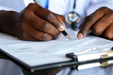 Close-up of a doctor hand hold a silver pen and showing pad in hospital. Doctor giving prescription to the patient and filling up medical form at a clipboard - obrazy, fototapety, plakaty