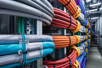 Efficient industrial cable management system for organizing electrical cables. Junctions. And wiring in technology infrastructure and power systems. Including wire conduits. Cable trays