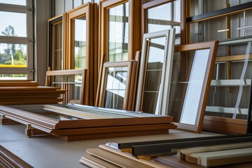 Photo showcasing a variety of wooden and aluminum window frames with glass panes in a bright showroom setting